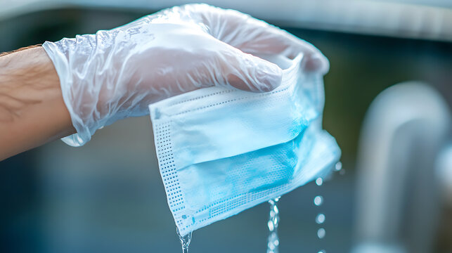 Gloved hand inspecting a disposable face mask under running water. Healthcare professionals take precautions, but also want to conserve supplies. Reusing personal protection.