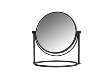 A round black vanity mirror stands on a white background.