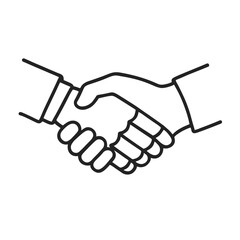Simple line art icon of two hands shaking in agreement and partnership on white background