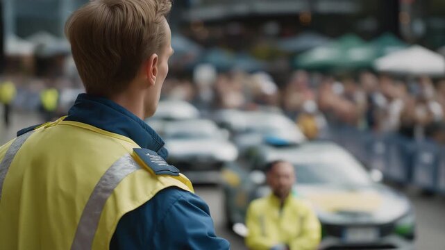 Traffic regulator coordinating vehicles during a marathon event, surrounded by runners, security personnel, and cheering spectators, symbolizing logistics mastery, event safety, and emotional focus