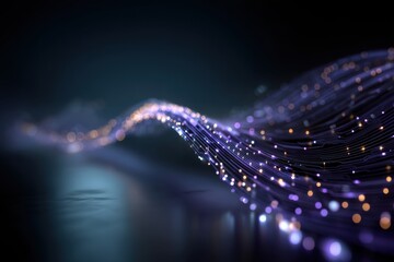 Seamless curved abstract neon wave with glowing light points on dark background