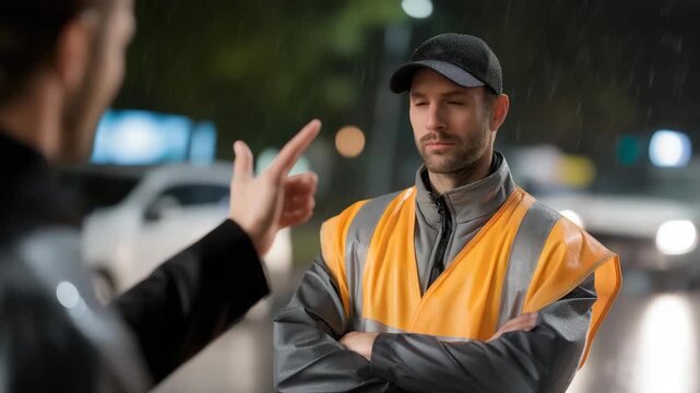 Traffic regulator maintaining order during heavy rain with reflective vest shining under headlights, symbolizing endurance, professionalism, urban safety management, and emotional resilience during