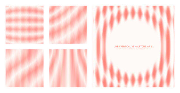 Assorted vector vertical lines light red halftone pattern set in square 1:1 aspect ratio including striped round frame and various distorted textures. Different half tone graphics design elements pack