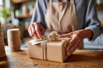 Beautifully wrapped gift in a cozy workshop
