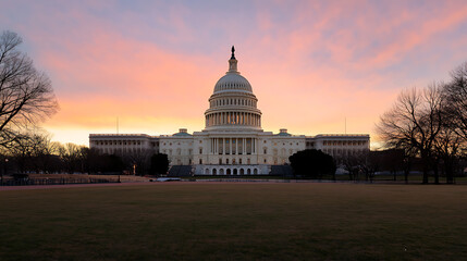 Grand architecture under a colorful dawn sky. A majestic building with a prominent dome rises above a lawn. A place where history is made and decisions are forged.