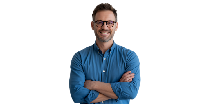 A smiling man with glasses stands with his arms crossed, looking directly at the camera.