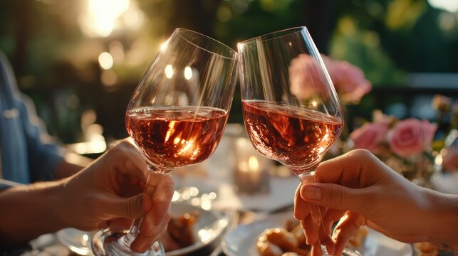 Romantic Toast with Ros&eacute; Wine at Sunset Dinner
