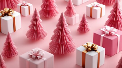 Pink Christmas Trees and Gift Boxes on Monochrome Background