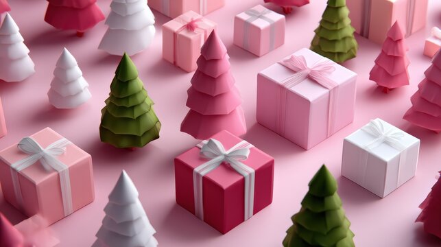 Stylized Pink Christmas Trees and Gift Boxes on Pastel Background - Powered by Adobe