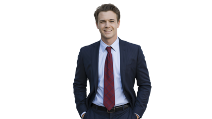 A smiling businessman in a suit stands with his hands in his pockets against a white background.