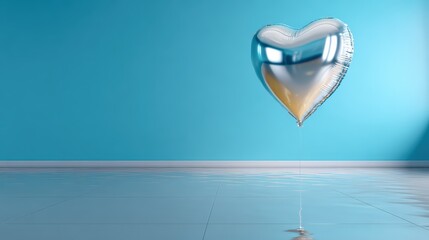 Silver Heart Balloon Floating in Minimal Blue Interior