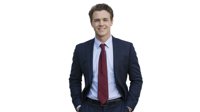 A smiling businessman in a suit stands with his hands in his pockets against a white background.