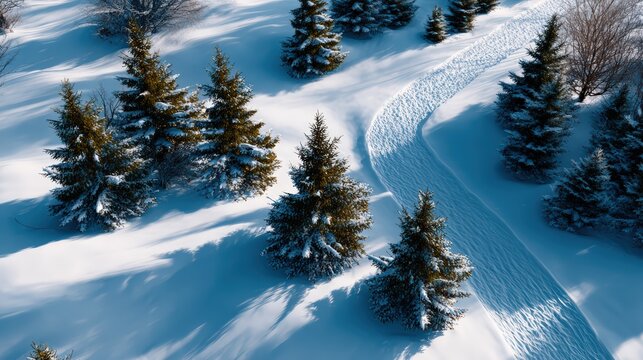 Aerial View of Snowy Pine Trees and Ski Trail in Winter Landscape - Powered by Adobe