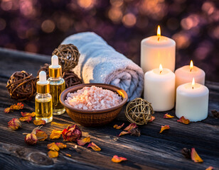 Spa still life with candles, oils, towel, and bath salts on a wooden surface.