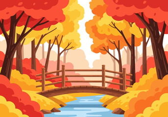 Wooden bridge crossing a stream in a forest with vibrant red and yellow autumn foliage