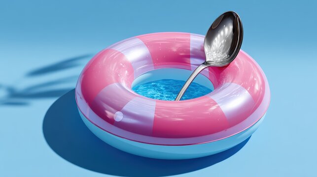 Surreal Spoon Inside Inflatable Pool Ring on Blue Background