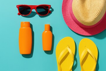 Summer Essentials Flat Lay with Sunglasses, Hat, and Flip Flops
