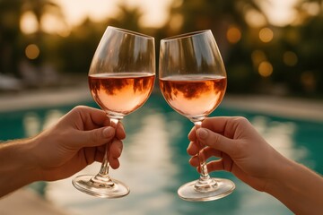 Close-Up of Rosé Wine Toast by Pool at Sunset