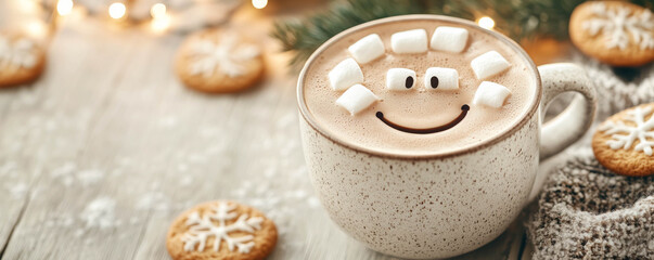 Obraz premium Cup of hot chocolate with marshmallows standing on the table. Holiday cookies and pine branches lying around, Christmas and New Year concept.