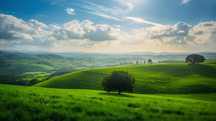 Fototapeta premium Beautiful panorama of a green field and blue sky with clouds over a rolling hill in the countryside