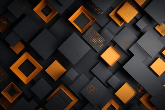 Modern geometric background featuring a striking arrangement of black and orange squares. The design creates depth and visual interest.