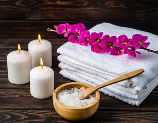 Spa still life with candles, towels, salt and orchid on dark wooden background.