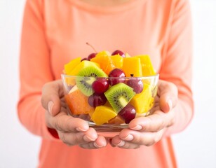 Person holding a bowl of fresh fruit salad with kiwi, cherries, and mango.