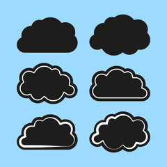 Cloud shape black silhouette. Weather element Vector symbol. Sky overcast design. Light blue background.