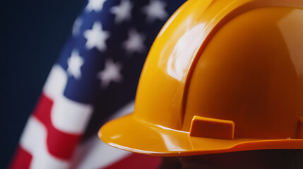 A vibrant safety yellow hard hat positioned in front of a blurred flag. Symbolizing safety in the workplace and adherence to regulations. Construction and patriotism.