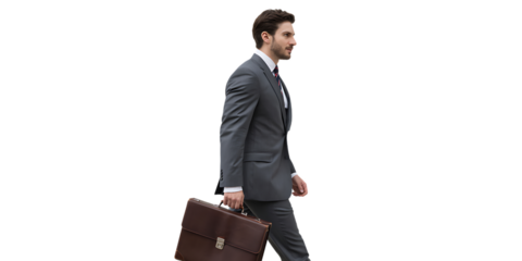 A businessman in a suit walks with a briefcase, symbolizing success and ambition.
