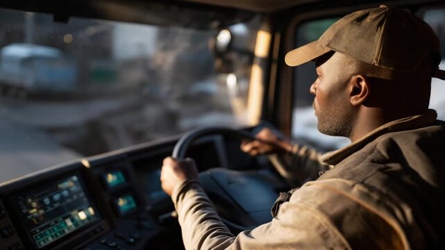 A city worker, their face shielded, operates a salt truck, its spreader grinding grains onto a street. Snow banks, their surfaces crusty, line the road, its asphalt slick. A radio crackles in the