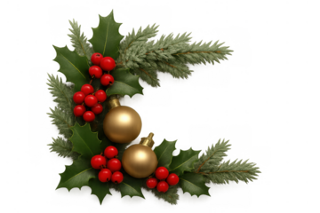 Christmas corner decoration featuring holly leaves, red berries, fir branches, and golden baubles on transparent background