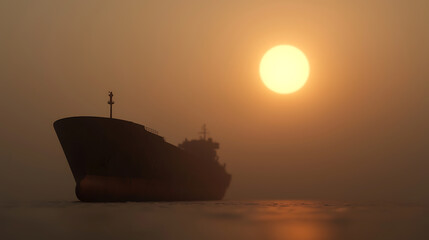 Obraz premium Silhouette of a ship on the horizon during a serene sunset. The warm light casts a golden glow over the scene, highlighting the ocean's gentle waves.