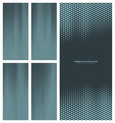 Assorted vector rhombus grid cyan black halftone pattern set in vertical 9:20 aspect ratio including faded border and various flowing textures. Varied half tone graphic design elements collection