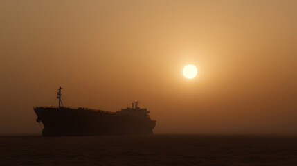 A large cargo vessel silhouettes against the golden hue of a sunset at sea. The ship navigates through calm waters, with the sun casting a warm glow across the horizon.