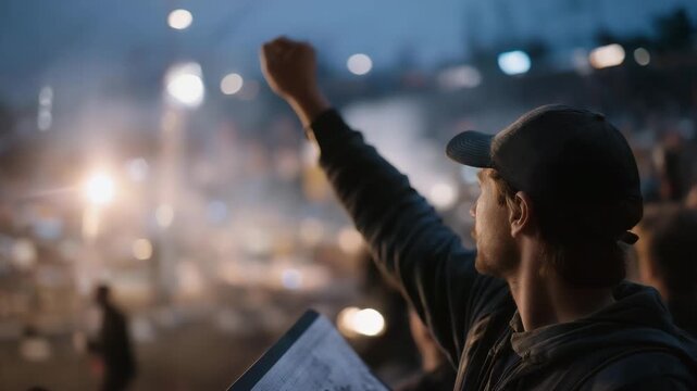 A crew member signals a pit entry with a board raised, headlights flashing from the track, radios crackling, and a crowd watching tensely, shown in a dynamic photo with board texts, light flares,