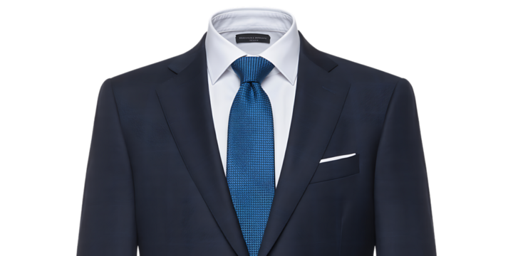 A classic navy blue business suit with a white dress shirt and a bright blue tie is displayed against a white background.