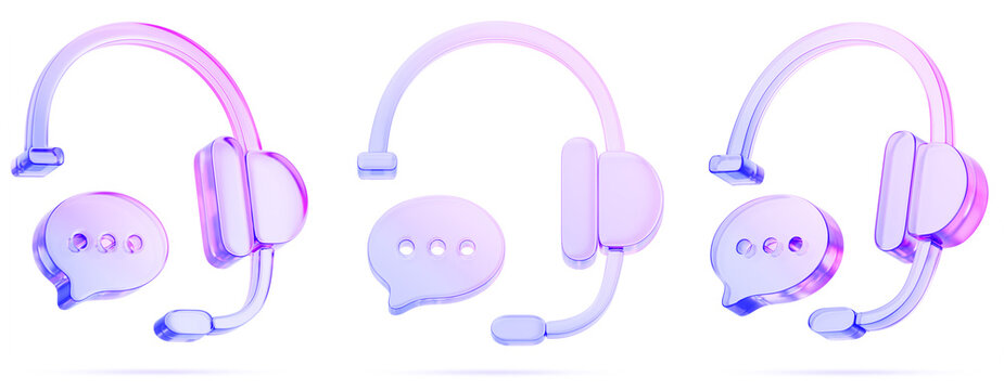 Customer service, call center, phone support. Render 3d set of glass holographic headphones with speech bubble chat icon. AI agent or hotline helpdesk operator headset with message. 3D illustration