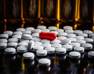 Pills: A red capsule surrounded by many white round tablets.