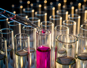 Close-up of test tubes with colorful liquids and a pipette.