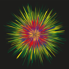 Starburst color pattern. Radial burst detail. Explosion Vector graphic. Dark background element.