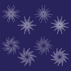 Winter snowflake shapes. Crystal line symbols. Dark blue background Vector. Delicate frost illustration.