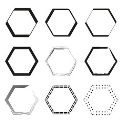 Six hexagon shapes. Geometric outline icons. Black element Vector. Clean structure emblem.