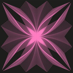 Pink line radial element. Abstract light Vector pattern. Symmetrical star graphic. Dark background design.