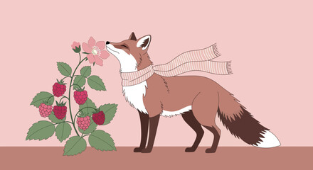 Obraz premium A Fox Enjoys The Fragrance Of Berries, Wearing Scarf Against A Pink Backdrop