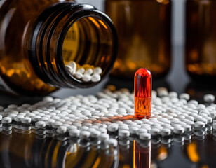 Pills spilling from a bottle with one red and orange capsule standing out.