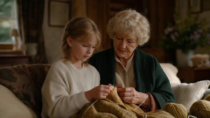A warm grandmother knits sweaters with her 7-year-old granddaughter in a sitting room with yarn balls rolling, needles clicking, and patterns unfolding, shown in a crafty photo with wool textures, - Powered by Adobe
