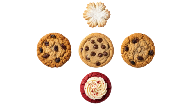 Delicious cookie assortment featuring chocolate chip, raisin, and red velvet varieties for sweet cravings