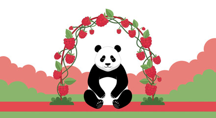 Obraz premium Cute Panda Sitting Under A Beautiful Arch Adorned With Luscious Red Raspberries