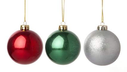 Three festive christmas ornaments in red green and silver hanging against a white background